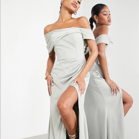 ASOS EDITION satin bardot drape wrap maxi dress in sage green. New with Tags! - Picture 2 of 3